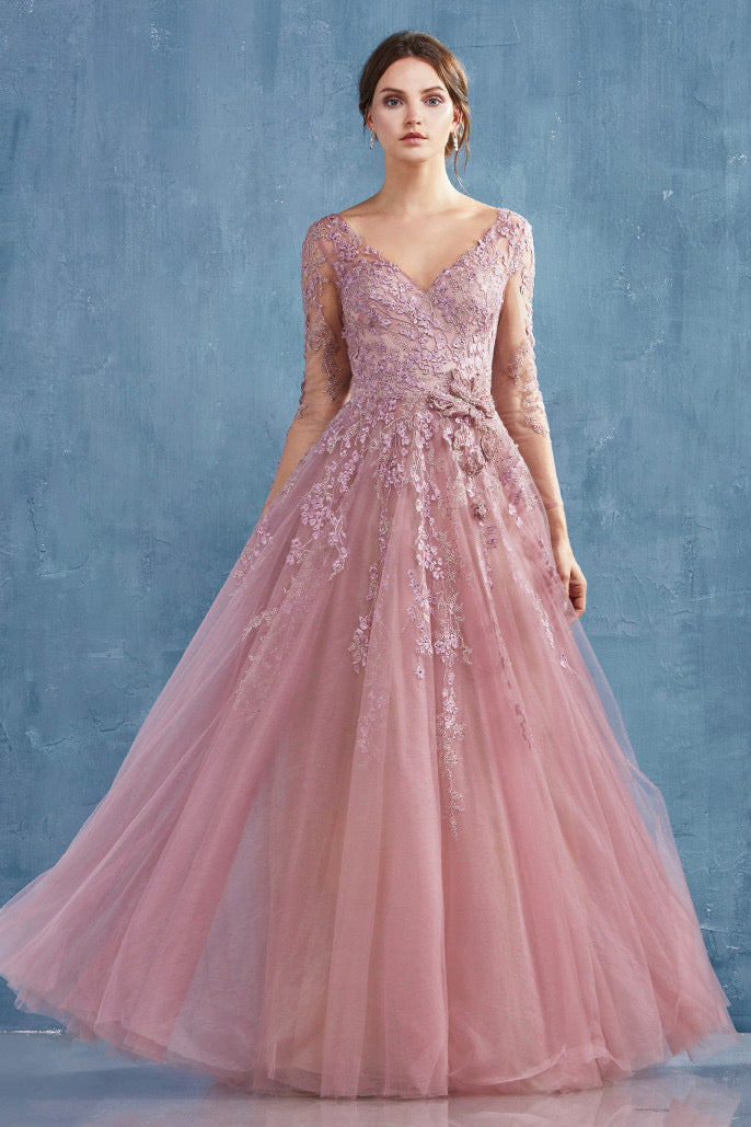 AL Zoe Cherry Blossom Pink Long Sleeve Gown