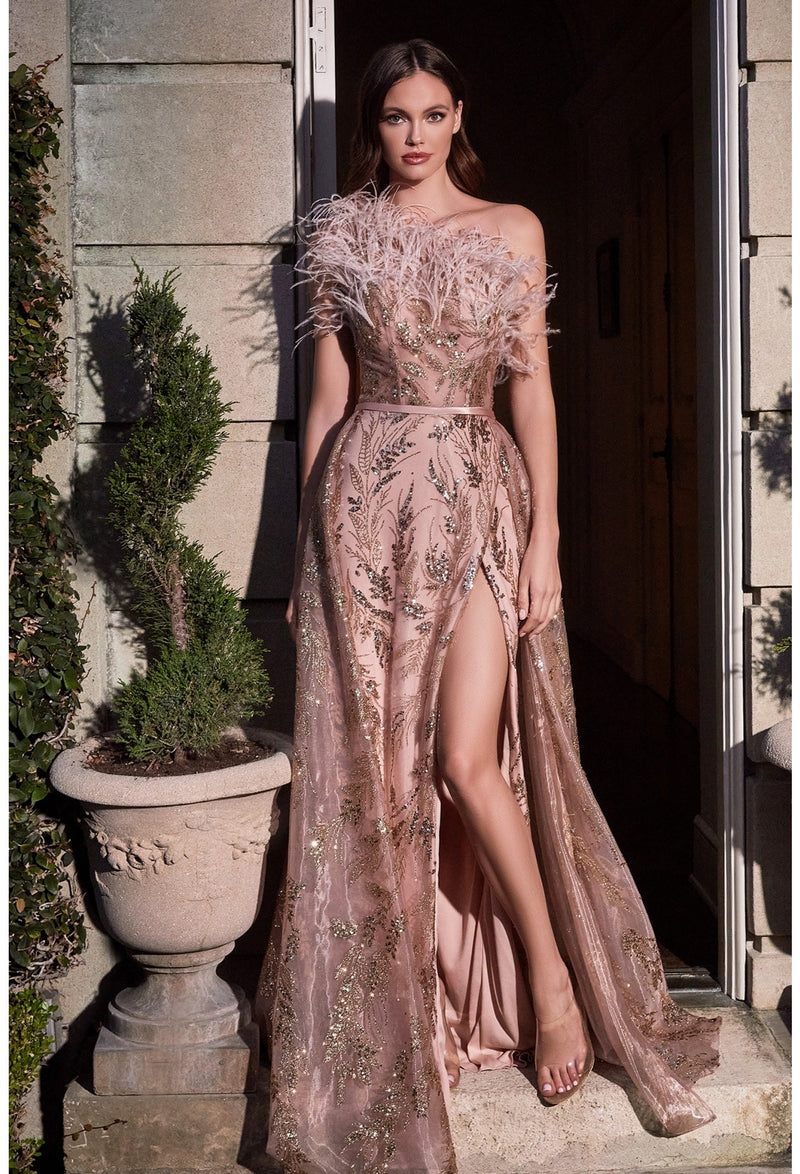 CD Acantha Rose Gold Feather One Shoulder Gown