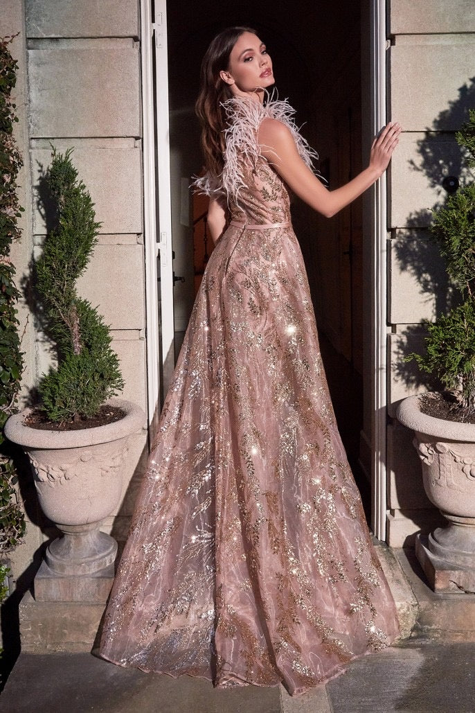 CD Acantha Rose Gold Feather One Shoulder Gown