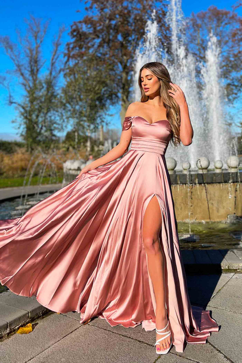 JA Ada Satin Dusty Pink Flare Slit Gown – GlamEdge Dress & Gown