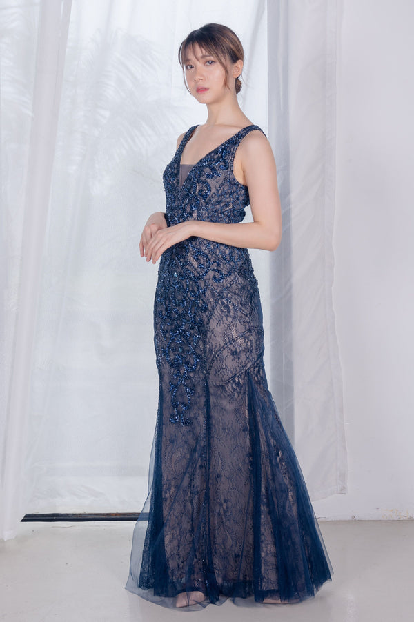 Jose Embroidered Navy Gown
