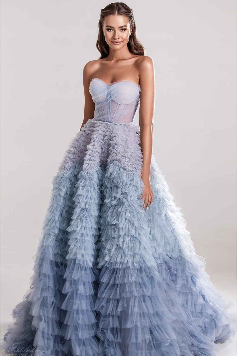 Blue Ombre Gowns With Sleeves Walker Short-Sleeve Ombre Sequin