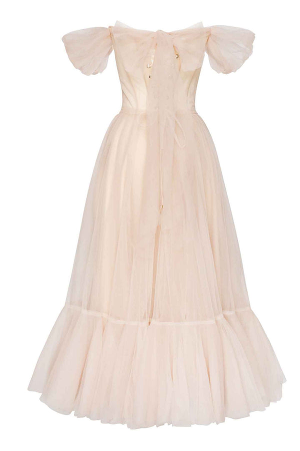 Milla Ivory White Tulle Off Shoulder Midi Gown