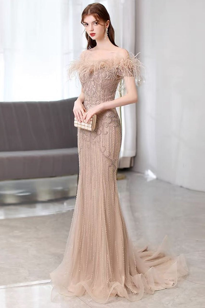 Athena Off Shoulder Feather Champagne Gown