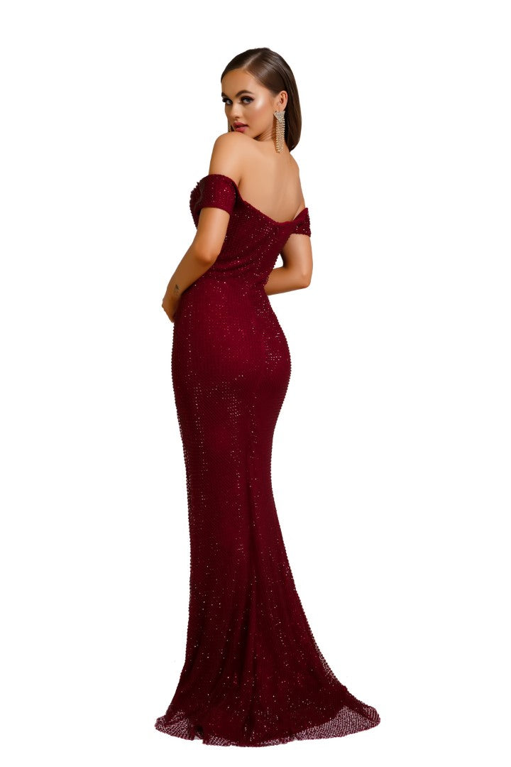PS Crystal Stone Red Off Shoulder Gown