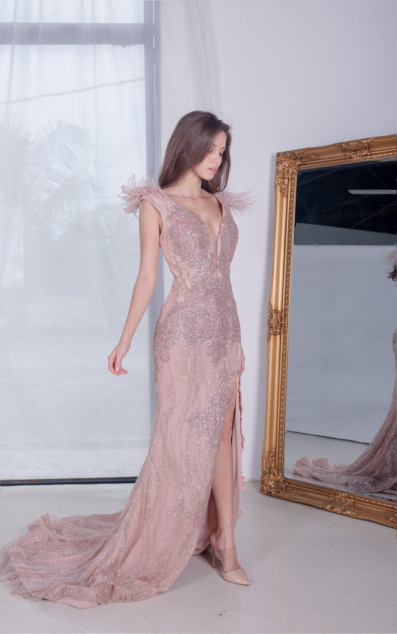 PS Emperor Rose Gold Furry Feather Gown
