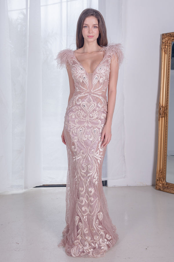 PS Soleil Furry Rose Gold Gown