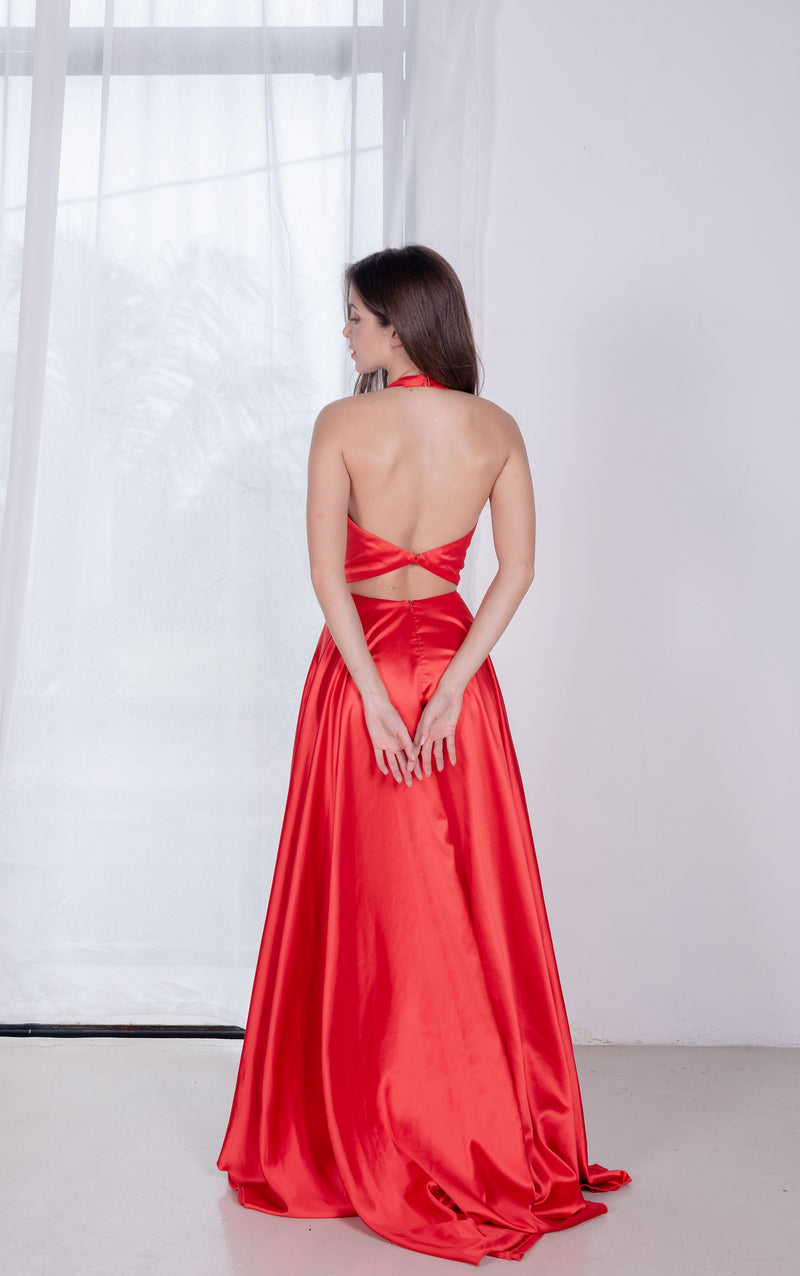 Red silk deals halter dress