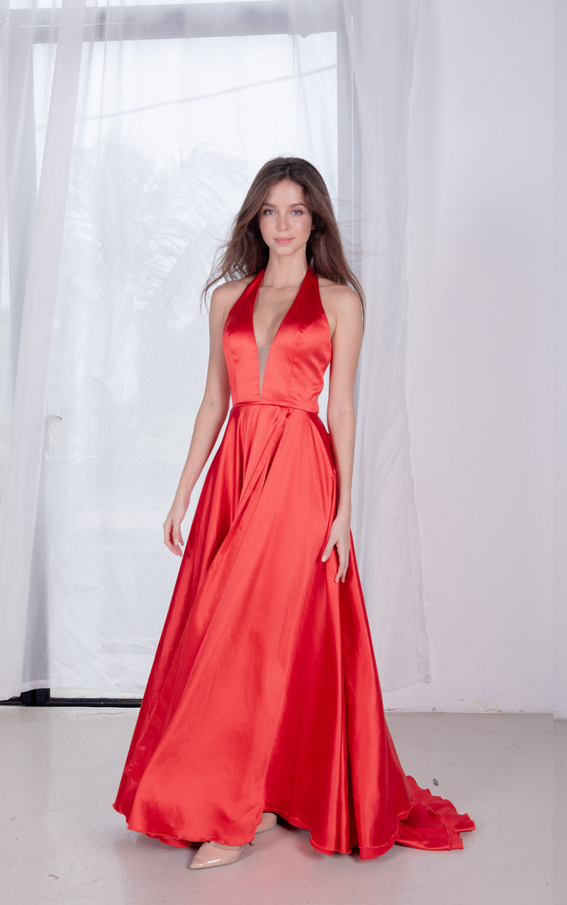 Fiery Halter Red Silk Gown