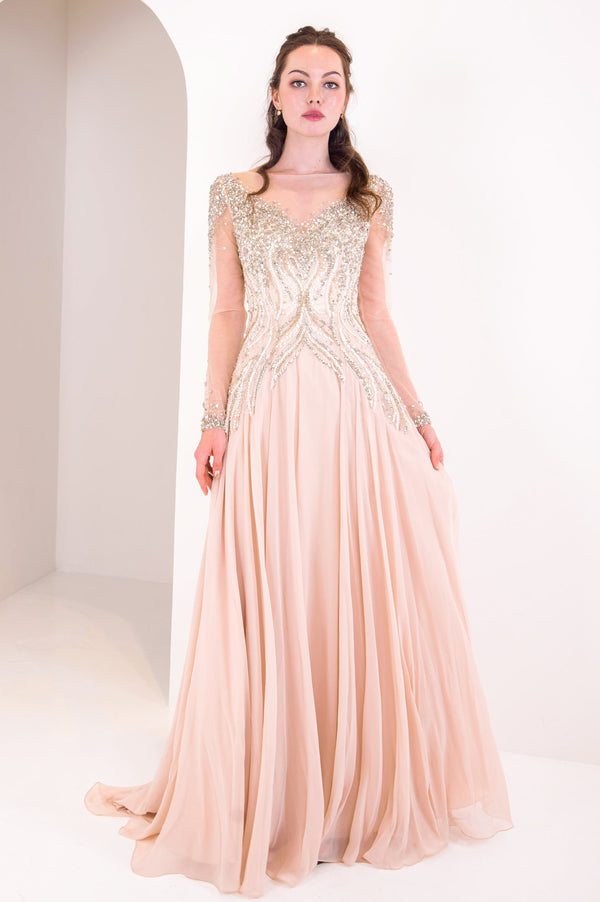 Rhea Soft Pink Long Sleeve Diamond Gown
