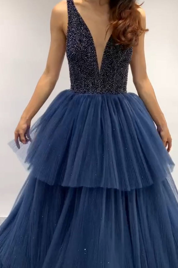 Elif Navy Tiered Gown