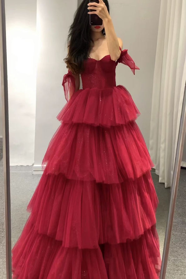 Elif Tulle Ruffle Red Ballgown