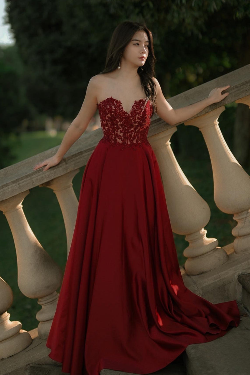 Lacey Sweetheart Satin Maroon Gown