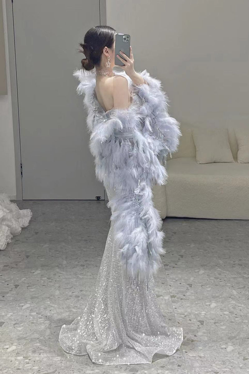 Starling Lilac Feather Mermaid Gown