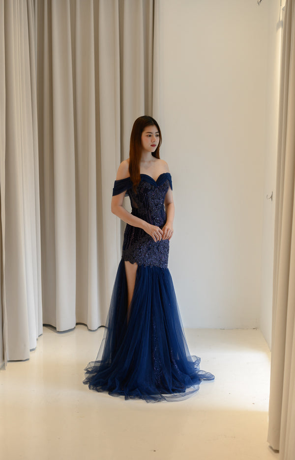 PS French Navy Off Shoulder Gown