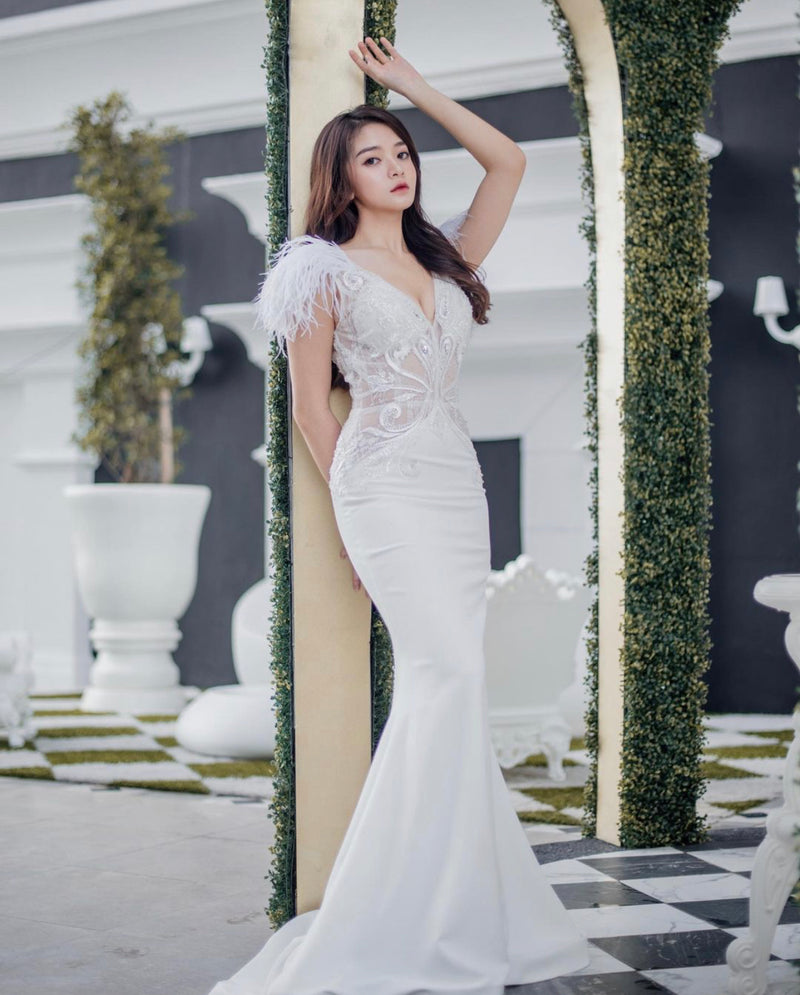 PS Soleil Furry Feather White Gown