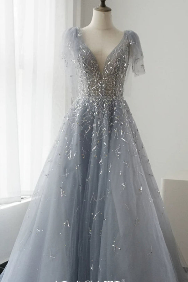 Luna Crystal Dusty Blue Bow Tulle Gown