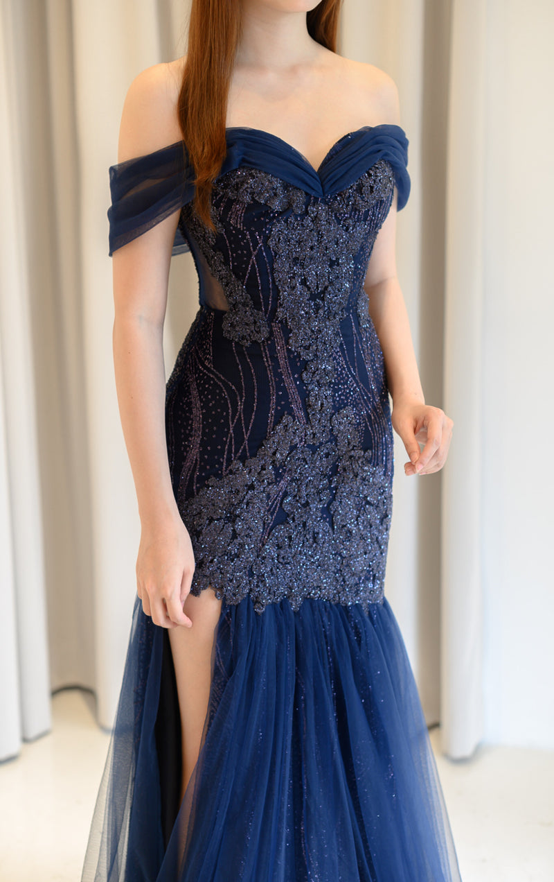 PS French Navy Off Shoulder Gown