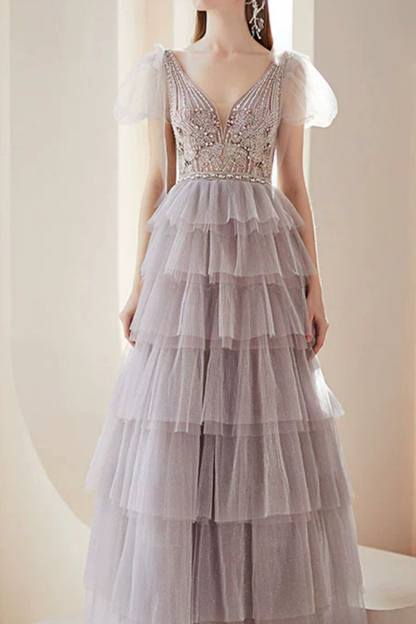 Roxel Crystal Mauve Tiered Ruffles Tulle Gown