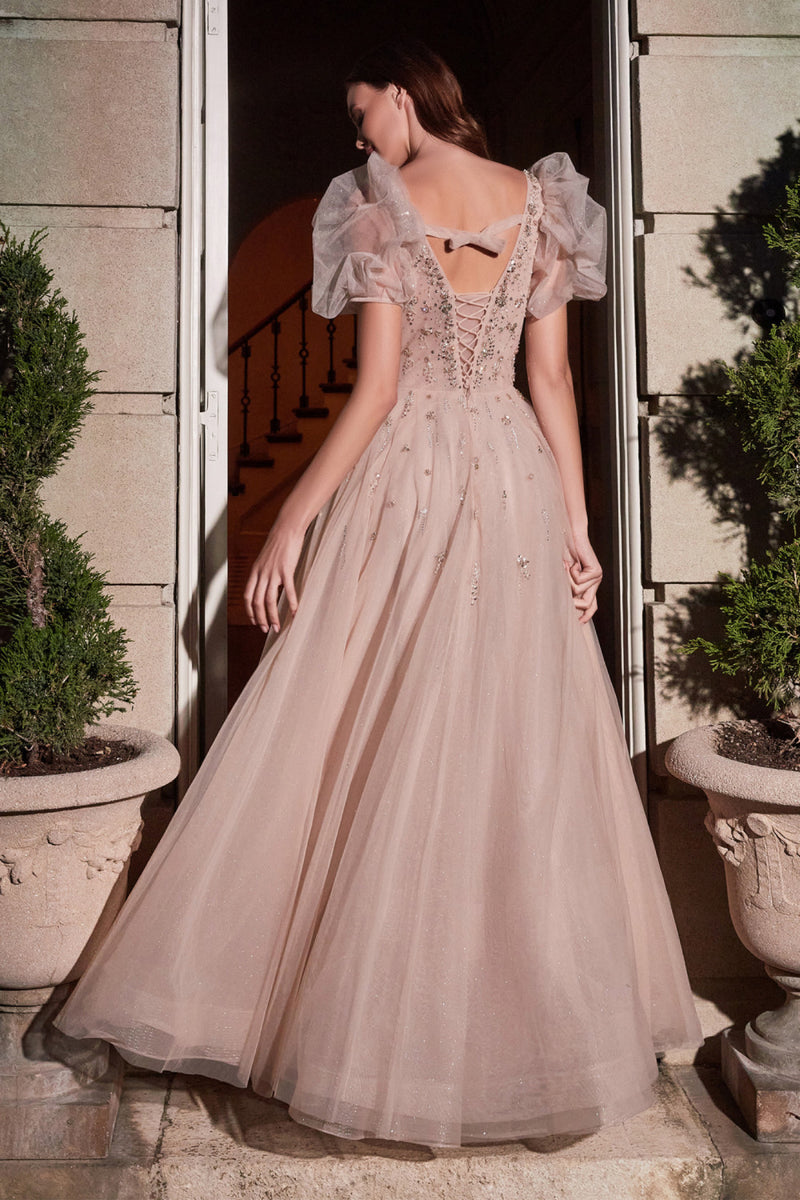 AL Gaye Champagne Puffy Sleeve Gown