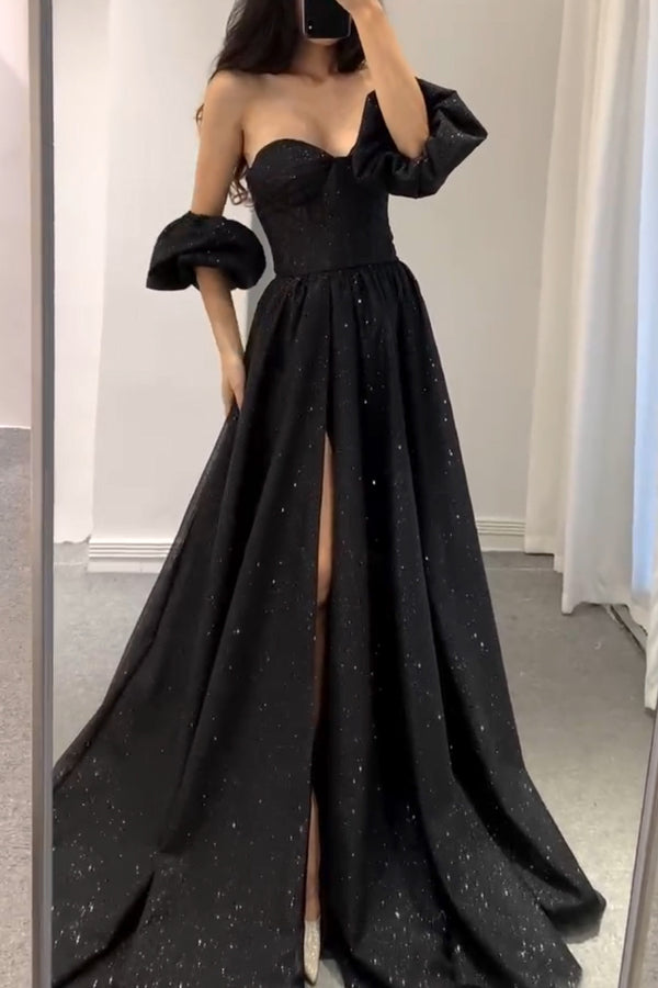 Dahlia Glitters Black Puffy Sleeve Gown