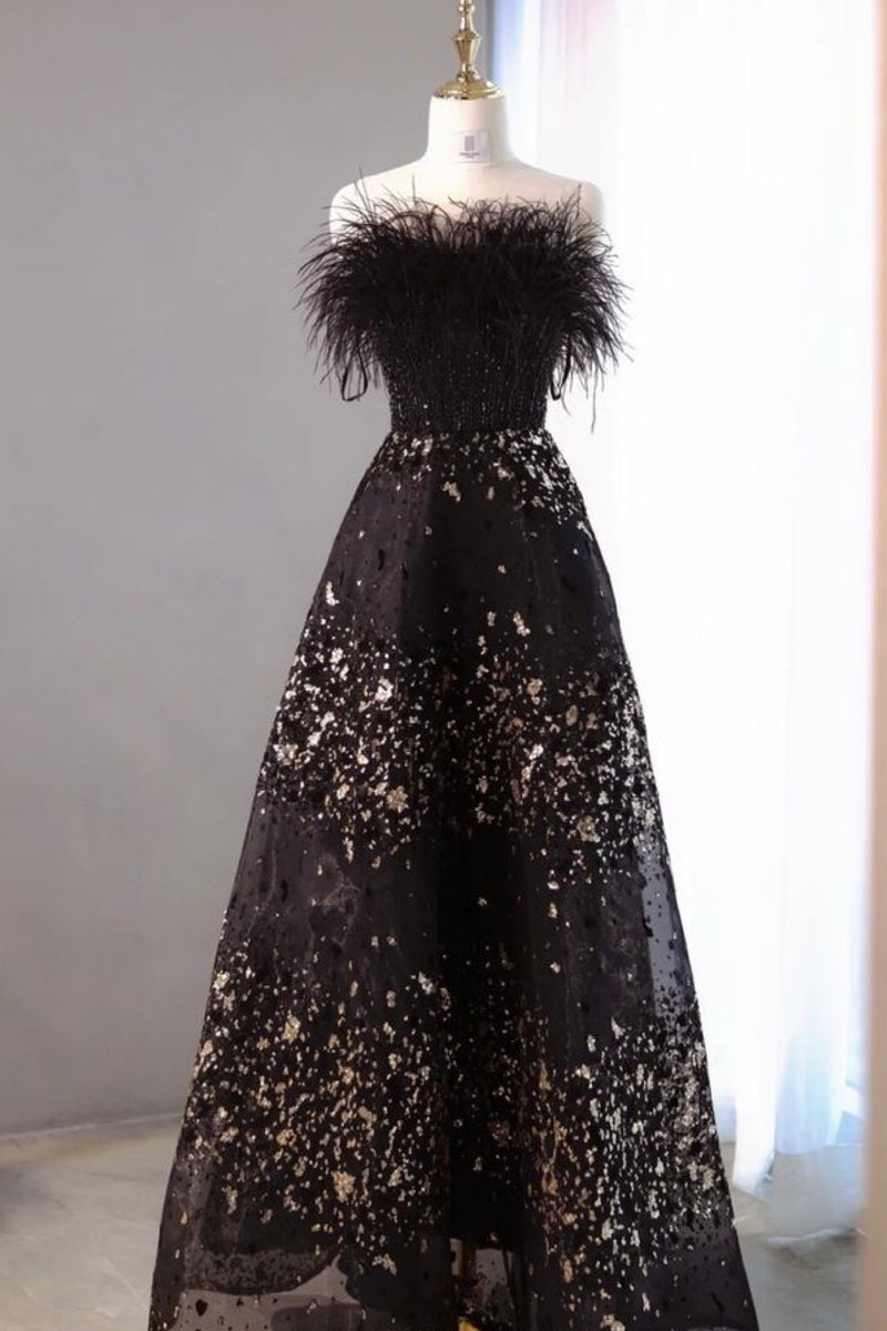 Furry Feather Black Golden Gown