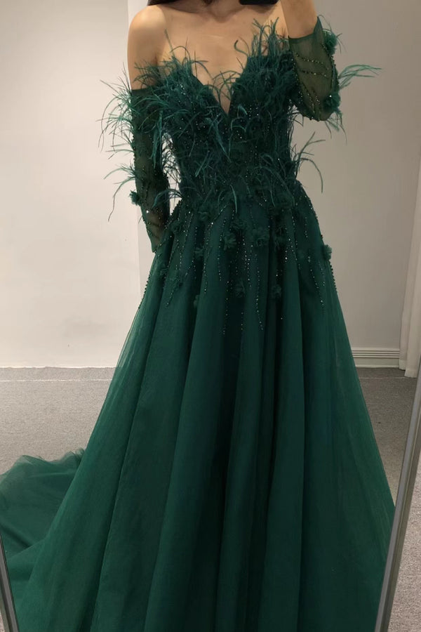 Eleanor Emerald Feather Long Sleeve  Ballgown