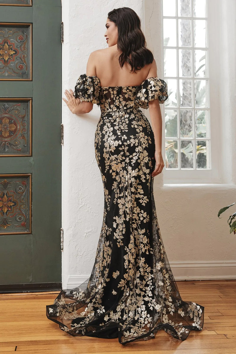 CD Tina Puffy Sleeve Black Gold Mermaid gown GlamEdge Dress & Gown CD Tina Puffy Sleeve Black Gold Mermaid gown GlamEdge Dress & Gown