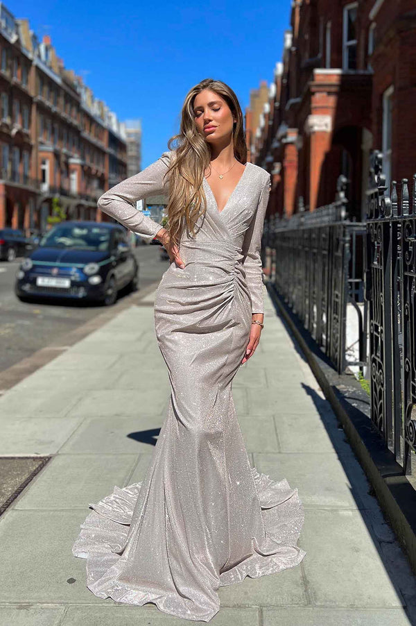 One Shoulder Long Sleeves Silver Grey Satin Split Prom Dress with Pock