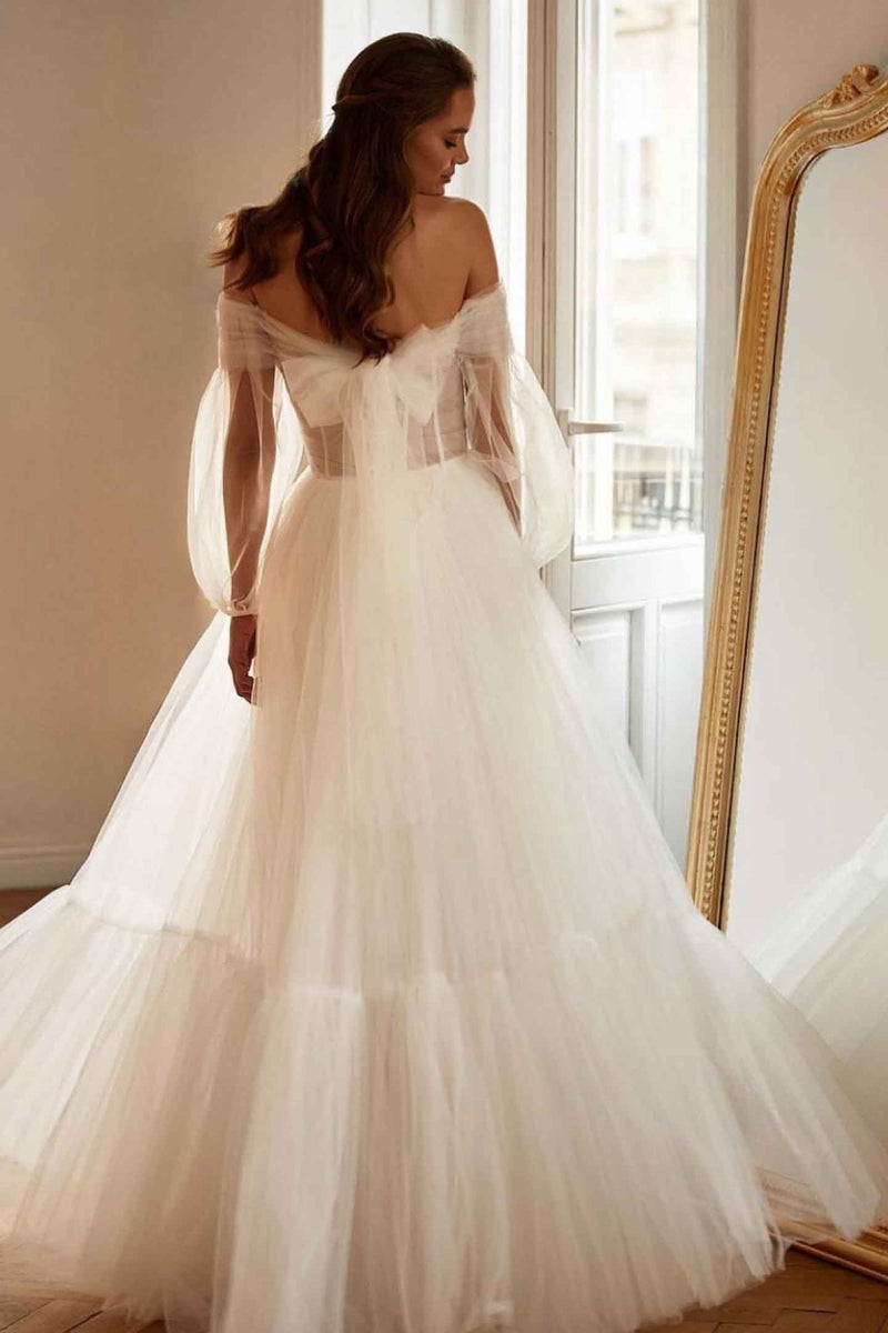 Milla Maeve Ivory White Tulle Gown with Detachable Sleeve