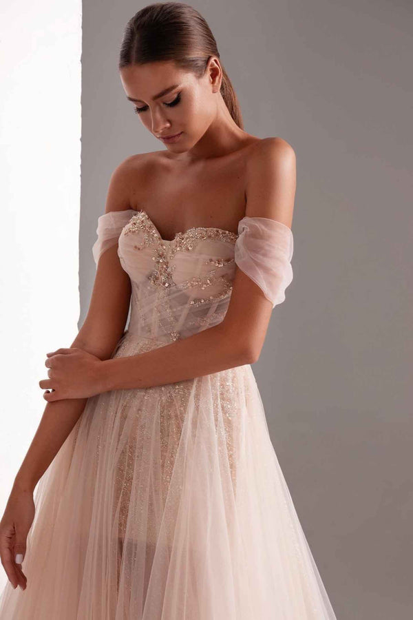 Milla Peach Tulle Off Shoulder Gown